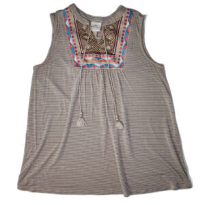 Knox Rose Tan Striped Embroidered Bohemian Tank Top Sz L